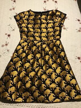 Crewcuts Girls Dress Size 10 Gold Elephant Print Dress-Excellent